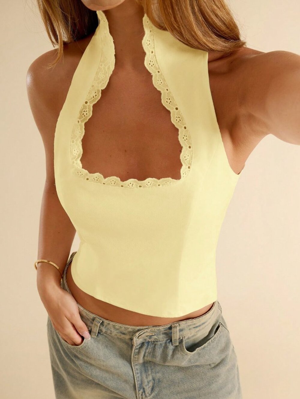 Yellow Casual Women's Elegant Sleeveless Square Neck Ruffle Trim Fitted Top - Picture 7 of 8